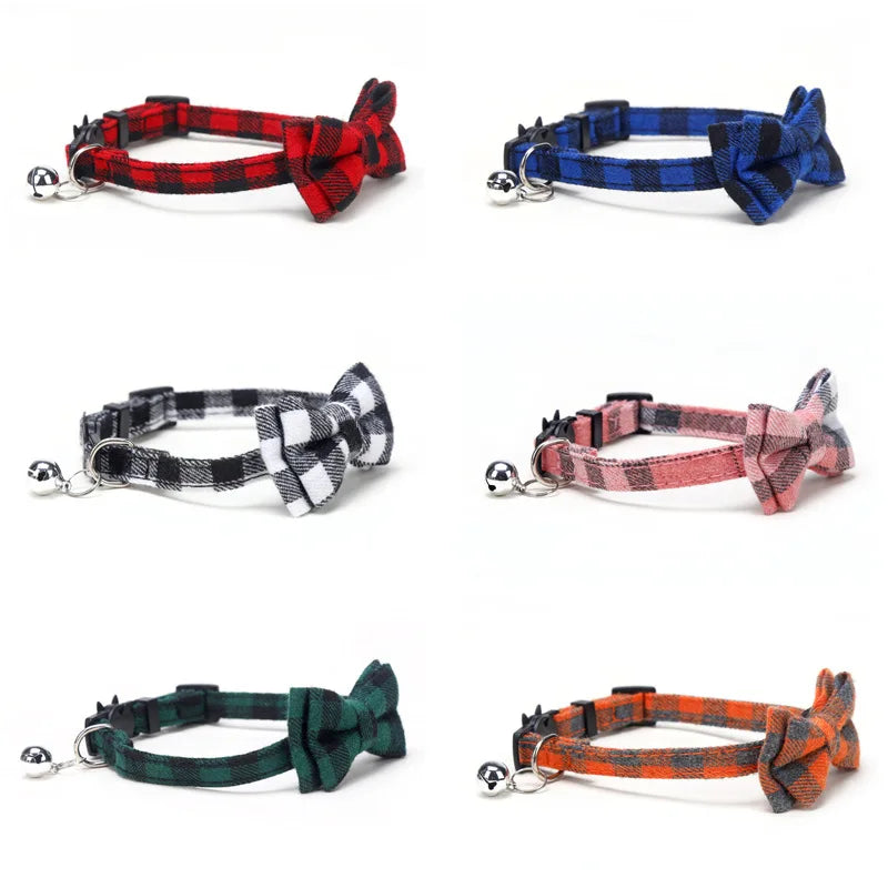 Plaid Bow Tie Collar with Bell – Adjustable Pet Collar for Cats & Small Dogs