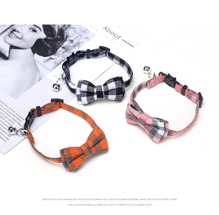Plaid Bow Tie Collar with Bell – Adjustable Pet Collar for Cats & Small Dogs