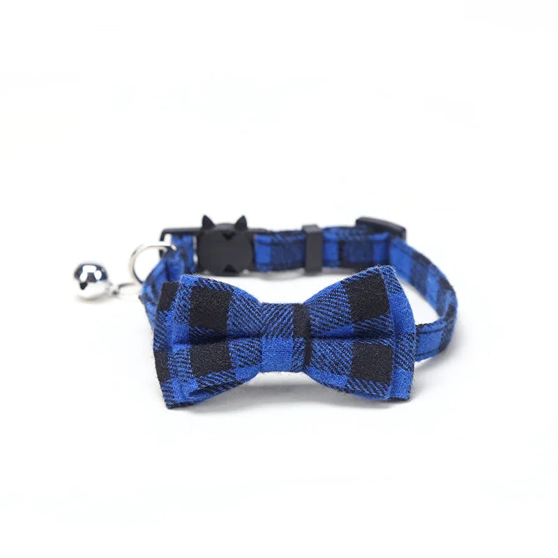 Plaid Bow Tie Collar with Bell – Adjustable Pet Collar for Cats & Small Dogs