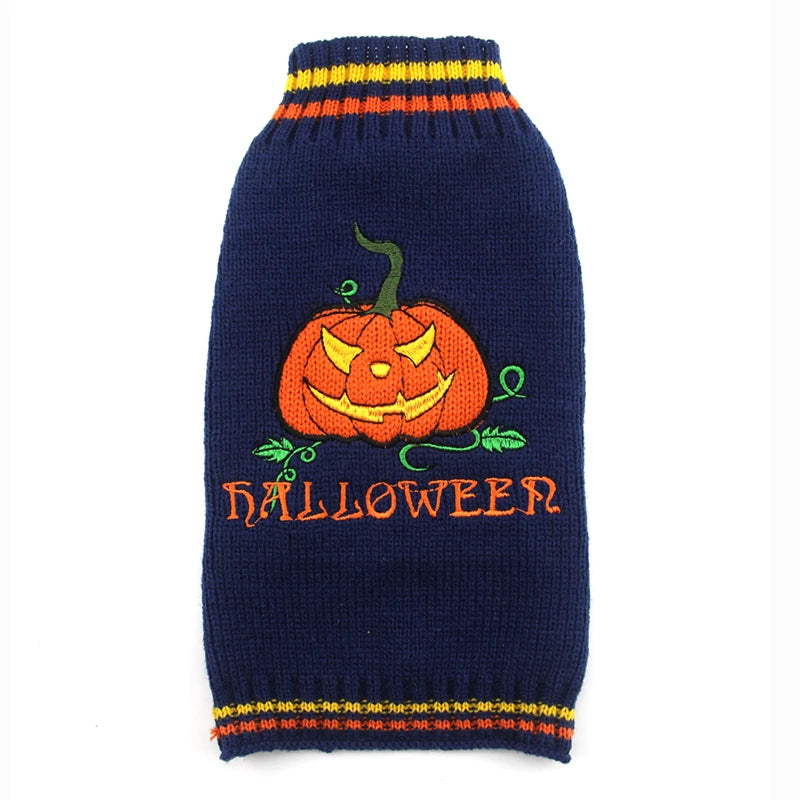 Spooky Halloween Pumpkin & Skull Dog Sweater — Cozy Fall Puppy Coat