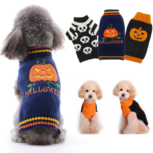 Spooky Halloween Pumpkin & Skull Dog Sweater — Cozy Fall Puppy Coat