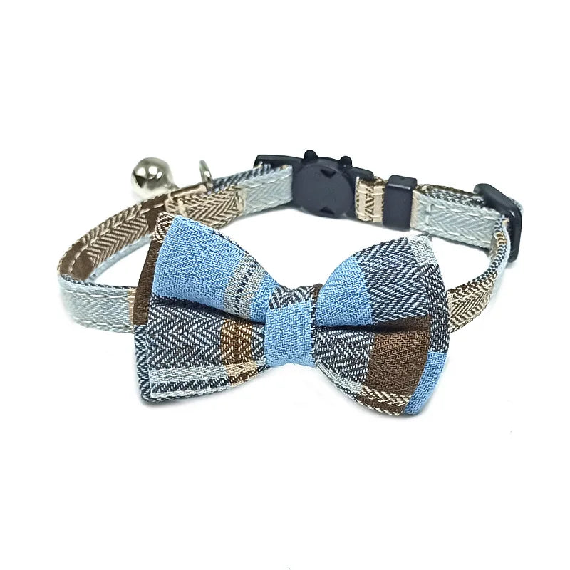 Plaid Bow Tie Collar with Bell – Adjustable Pet Collar for Cats & Small Dogs