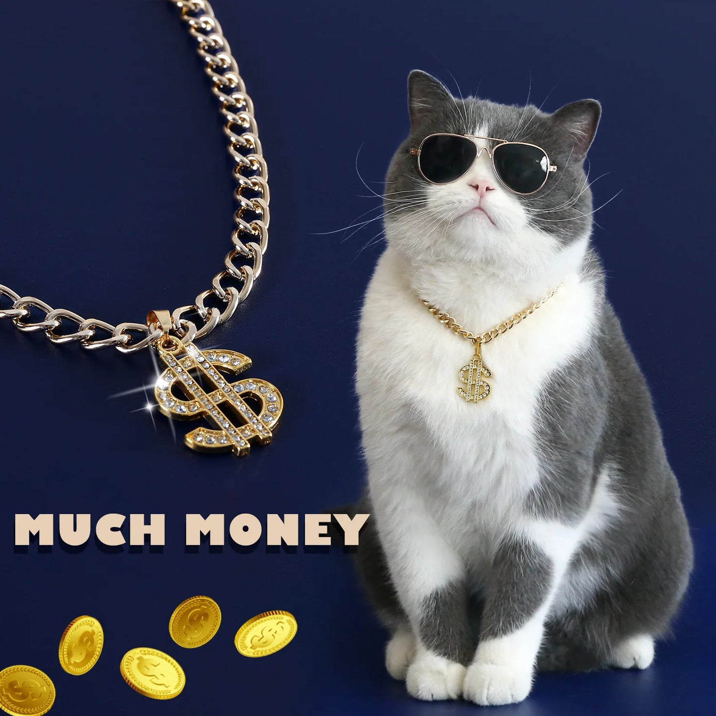 Luxury Gold Dollar Pet Necklace – Adjustable Bling Collar for Cats & Small Dogs