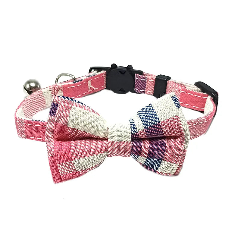 Plaid Bow Tie Collar with Bell – Adjustable Pet Collar for Cats & Small Dogs