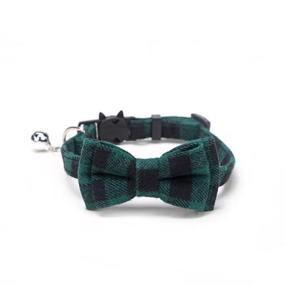 Plaid Bow Tie Collar with Bell – Adjustable Pet Collar for Cats & Small Dogs