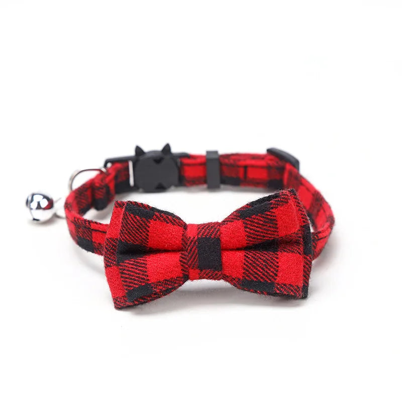 Plaid Bow Tie Collar with Bell – Adjustable Pet Collar for Cats & Small Dogs
