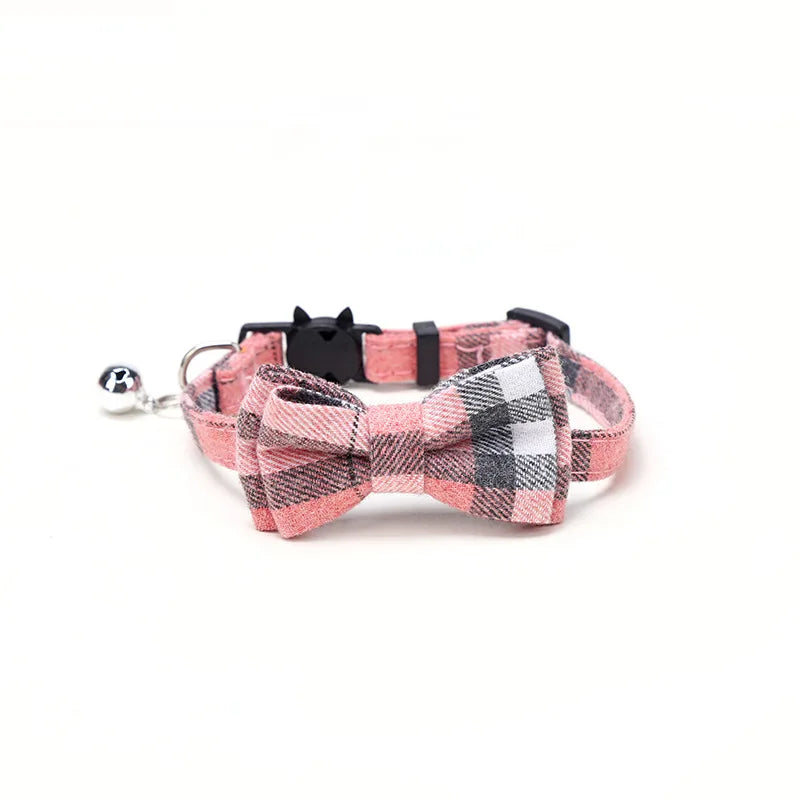 Plaid Bow Tie Collar with Bell – Adjustable Pet Collar for Cats & Small Dogs