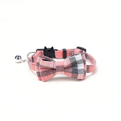 Plaid Bow Tie Collar with Bell – Adjustable Pet Collar for Cats & Small Dogs