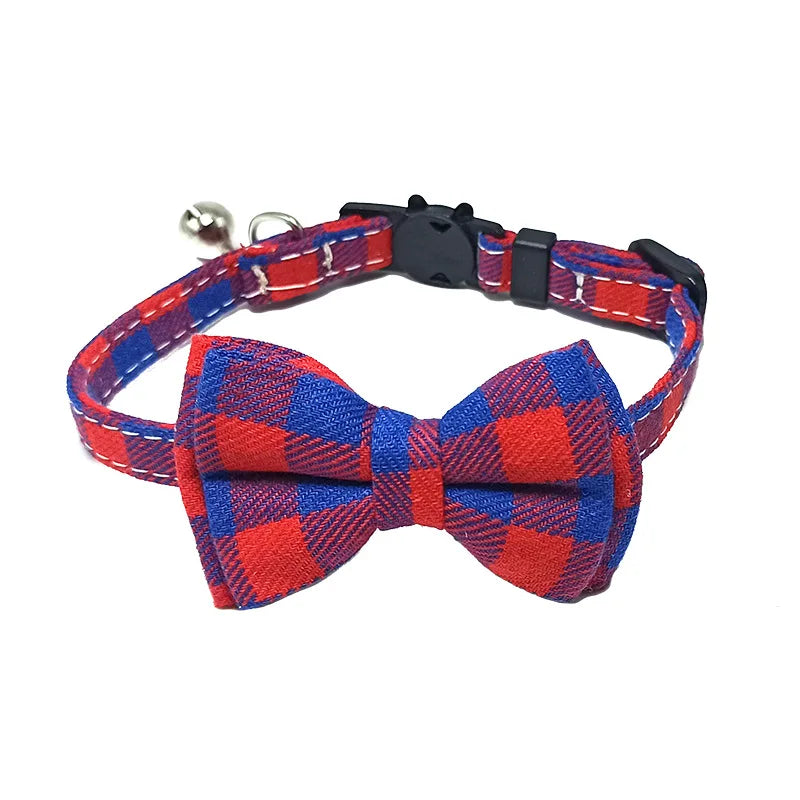 Plaid Bow Tie Collar with Bell – Adjustable Pet Collar for Cats & Small Dogs