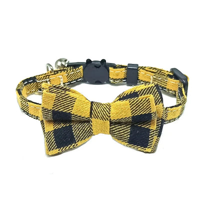 Plaid Bow Tie Collar with Bell – Adjustable Pet Collar for Cats & Small Dogs