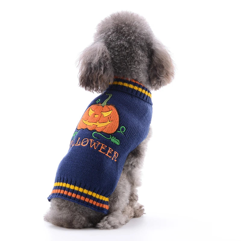 Spooky Halloween Pumpkin & Skull Dog Sweater — Cozy Fall Puppy Coat