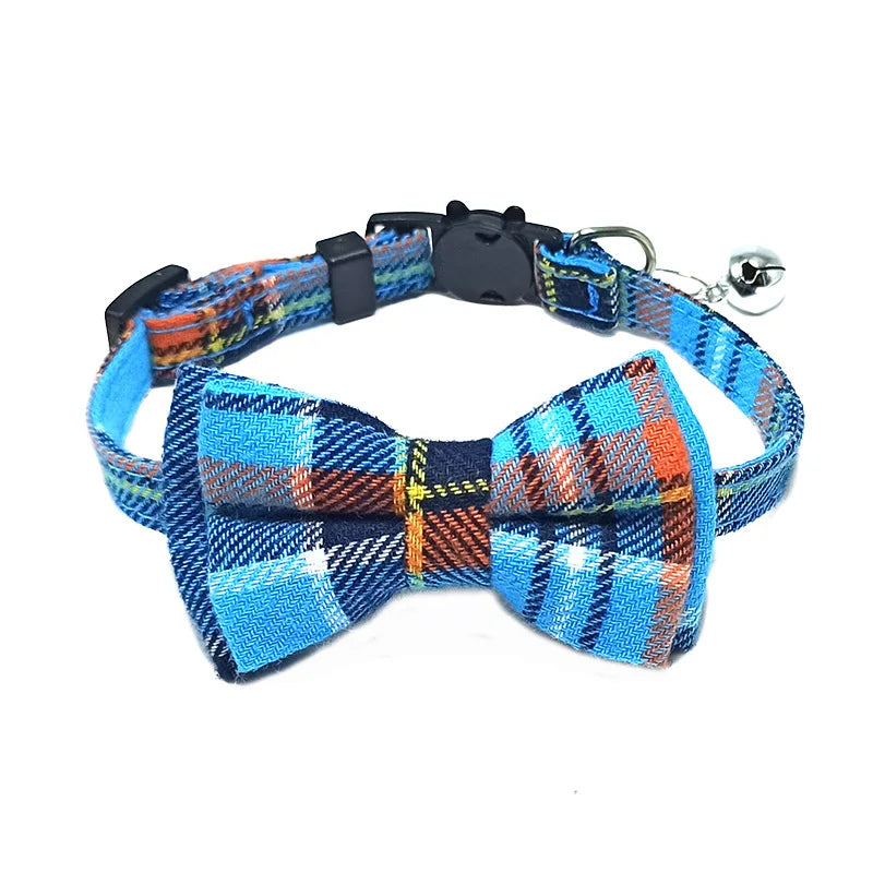 Plaid Bow Tie Collar with Bell – Adjustable Pet Collar for Cats & Small Dogs
