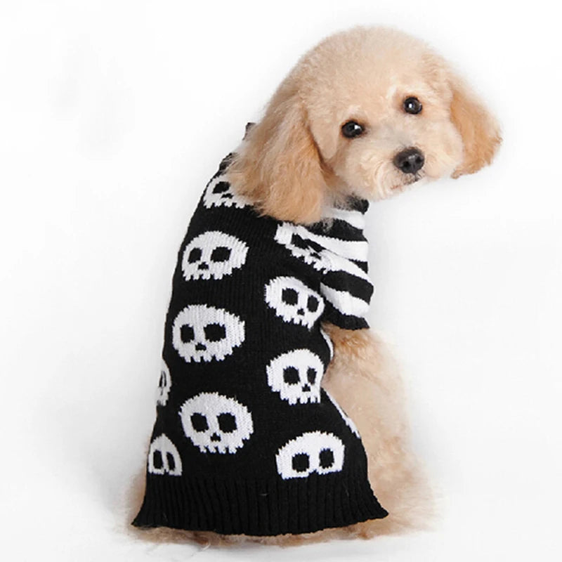 Spooky Halloween Pumpkin & Skull Dog Sweater — Cozy Fall Puppy Coat