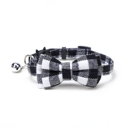 Plaid Bow Tie Collar with Bell – Adjustable Pet Collar for Cats & Small Dogs