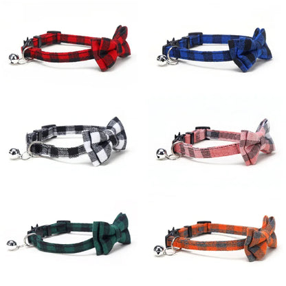 Plaid Bow Tie Collar with Bell – Adjustable Pet Collar for Cats & Small Dogs