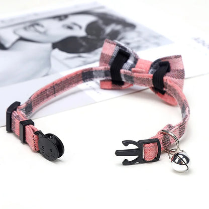 Plaid Bow Tie Collar with Bell – Adjustable Pet Collar for Cats & Small Dogs