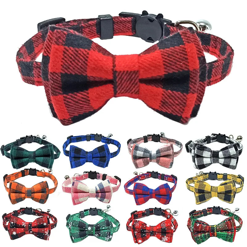 Plaid Bow Tie Collar with Bell – Adjustable Pet Collar for Cats & Small Dogs