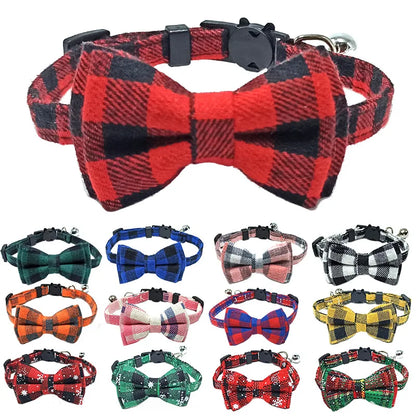 Plaid Bow Tie Collar with Bell – Adjustable Pet Collar for Cats & Small Dogs